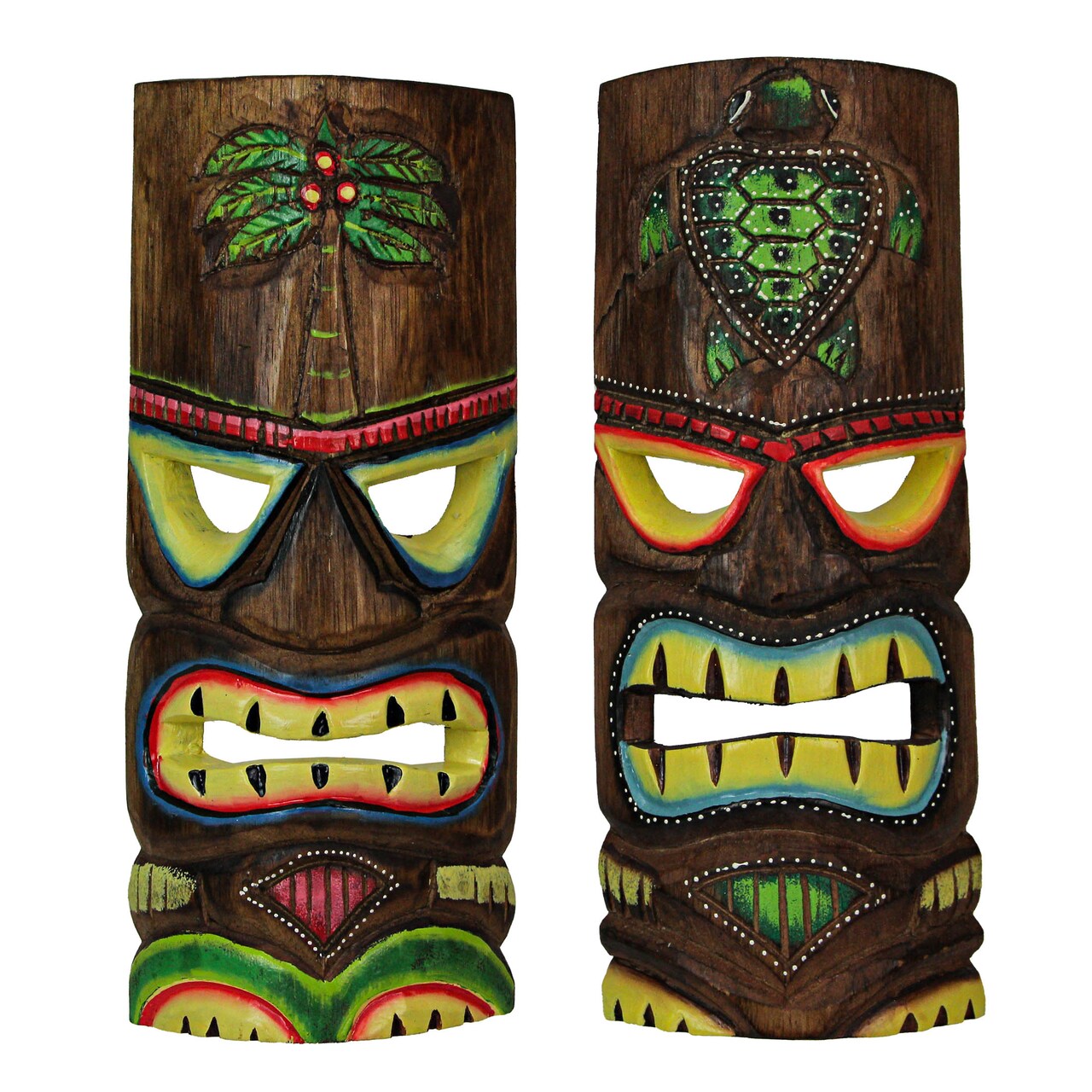 12 Inch Wood Hand Carved Tiki Mask Wall Art Palm Tree, Turtle Tropical Set of 2